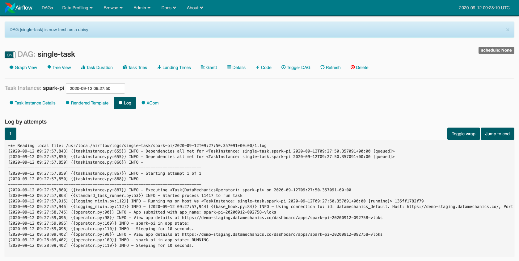 The log of a Data Mechanics task in Airflow